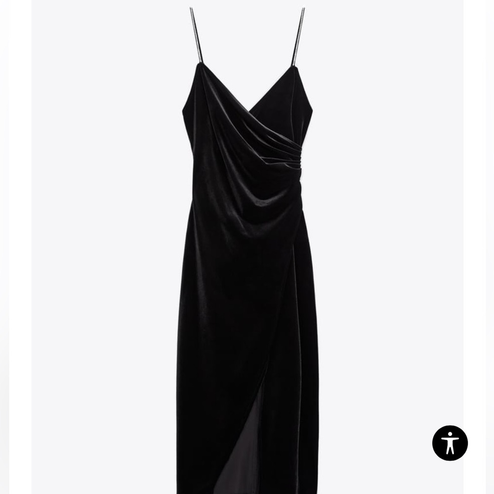 Zara Black Velvet Draped Maxi Dress with Spaghetti Straps